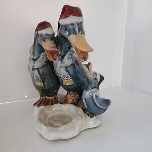 Holiday Christmas Duck Candle Holder Family Figurine Santa Hats Rustic